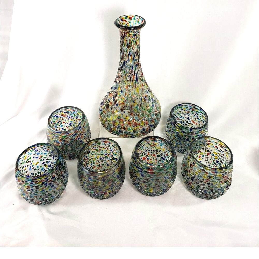 Hand Blown Confetti Pebbled Art Glass Decanter and 6 Stemless Wine Glasses